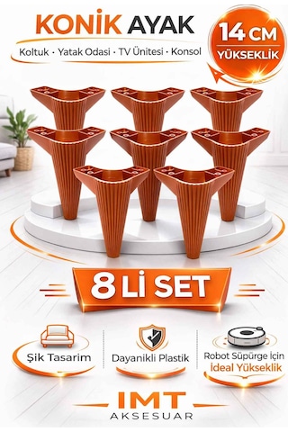 İmt Aksesuar Konik 14 Cm Ceviz 8 Adet Mobilya Ayağı Robot Süpürgeye Uyumlu Koltuk Tv Ünitesi Konsol Ayağı Kahverengi