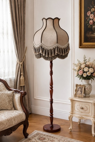 Vizon Kadife Başlık Koyu Vizon Süsleme Ahşap Ayaklı Lambader Vintage Prime Model 170x45cm