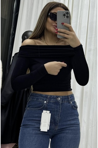 Daves Madonna Yaka Drapeli Uzun Kollu Sandy Body Bluz-siyah Siyah