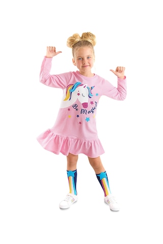 Denokids Unicorn Magic Kız Çocuk Pembe Elbise Renkli Çok Renkli