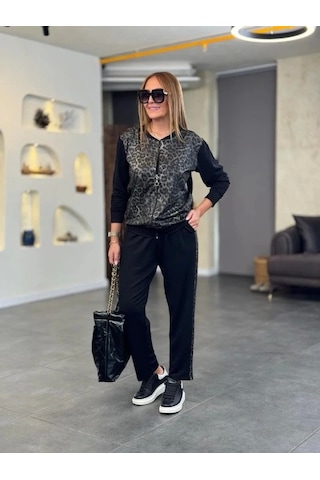 Defymoda Kadın İki İplik Kumaş Yılan Desenli Fermuarlı İkili Takım Siyah