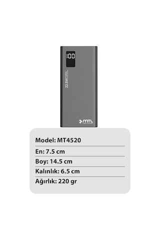 20000 Mah 22.5w Turbo Şarj Dahili Kablolu Led Göstergeli Pd Ve Qc 3.0 Powerbank Mt4520 Siyah