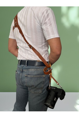 Profesyonel Hakiki Deri Tekli Fotoğraf Makinesi Omuz Askısı - Taba - Smallrig Bağlantılı Kahverengi