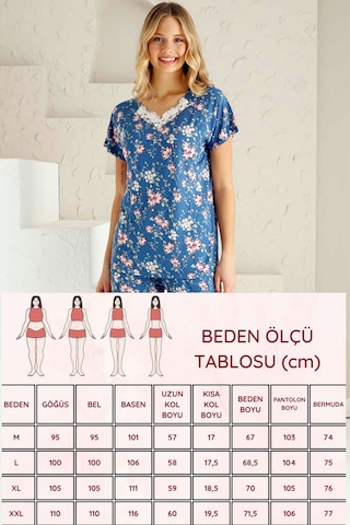 Alimer Kadın İndigo Dantelli V Yaka Bermuda Pijama Takım Edy2735i İndigo