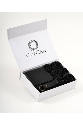 Premium Gift Rose Box - Joseph Siyah Hakiki Deri Cüzdan - Anahtarlık Ve Siyah Gül Kutusu Siyah