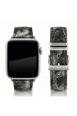Goldoni Apple Watch Uyumlu Antik Siyah İnce Gerçek Deri Kordonu Metal Köprülü