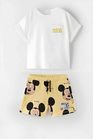 Unisex Bebek & Çocuk Mickey Mouse Baskılı Pamuklu Bisiklet Yaka Beyaz T-shirt Ve Şort Alt Üst Takım Beyaz
