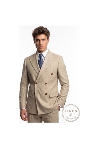 Hermose Signature Kum Rengi Keten Dokulu Kruvaze Takım Elbise Krem