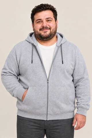 Assema Erkek Battal Büyük Beden Üç İplik İçi Şardonlu Kapüşonlu Tam Fermuarlı Kışlık Sweatshirt - Gri Çok Renkli