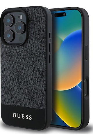 Apple Uyumlu iPhone 16 Pro Max Kılıf Guess Lisanslı Pu Deri Şerit Logo Dizaynlı Kapak Siyah