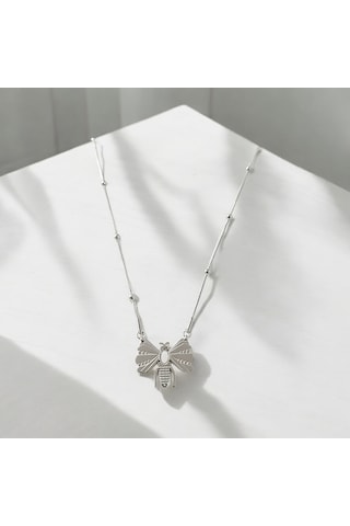 Kadın Çelik Sedef Taş Boncuk Zincirli Arı Kolye Gümüş Renk Çelik
