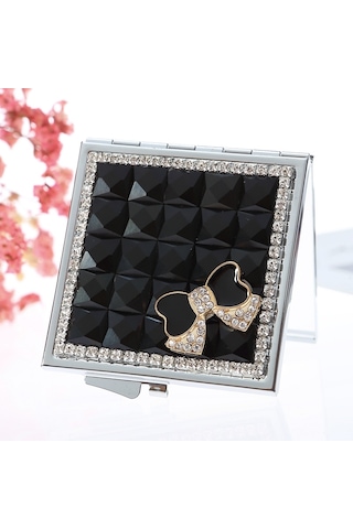 Sones El Yapımı Elmas Mini Katlanır Kozmetik Aynası Taşınabilir Ayna Çift Taraflı Mücevher Yay Siyah