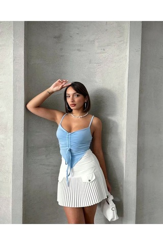 Önü Büzgülü Askılı Crop Mavi