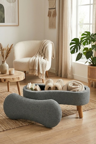 Scala Sandıklı Bohem Ahşap Ayaklı Puf/bench, Gri