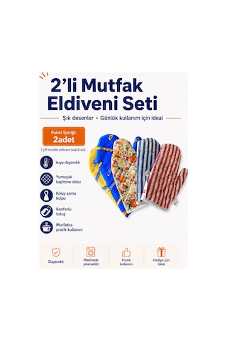 2 Li Isıya Dayanıklı Desenli Mutfak Eldiveni Çok Renkli