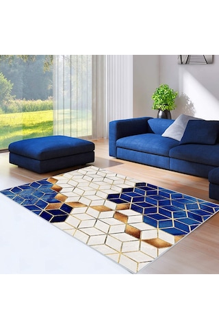 Rovigo Home Dijital Baskı Yıkanabilir Kaymaz Taban Salon Halısı Rvg0418 Mavi