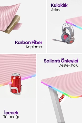 Thunder Rgb Aydınlatmalı Oyuncu Masası Pembe