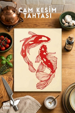 Koi Balık Desenli Cam Kesim Tahtası - 25x35cm -dayanıklı Ve Pratik Kesim Matı Kırmızı