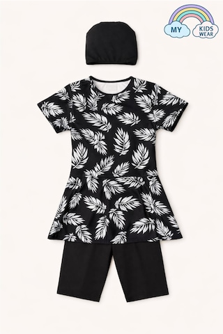 My Kids Wear Kız Çocuk Desenli Şortlu Bone Li Mayo Takımı 12573 Siyah