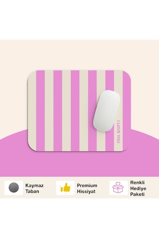 Tabloe Çizgili Desenli Premium Mouse Pad - 23x19 Cm - Kaydırmaz Tabanlı Kaliteli Fare Altlığı Mousepad Açık Pembe