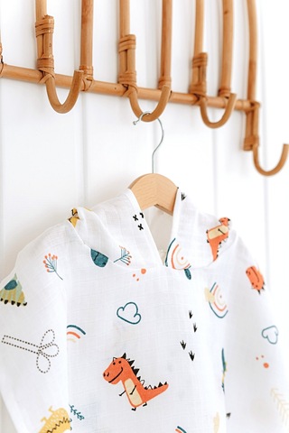 Esti Baby Kapşonlu Müslin Panço %100 Pamuk Bebek / Çocuk Plaj Havlusu / Bornozu Dino