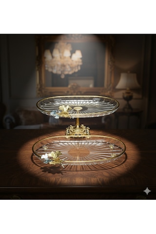 Çnr Home Collection Paşabahçe Kristal Metal Ayakli Gold Yaldizli Oval Düz Pasta Sunumluk Kurabiyelik 2 'li Gold