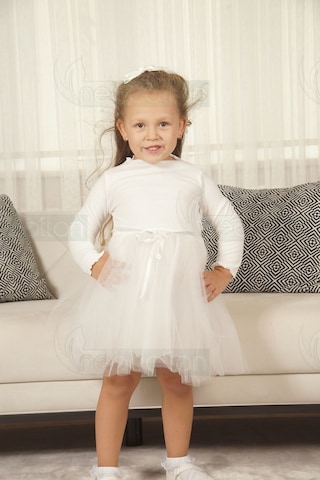 Tüllü Baskısız Düz Üst Kısım Ribana Alt Kısım Astarlı Tütü Etek Kız Çocuk Prenses Uzun Kollu Elbise Uzun-beyaz Beyaz