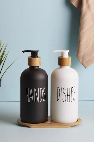 2 Li Siyah Beyaz Mutfak Sıvı Sabunluk Seti 500ml+500ml Bambu Standlı