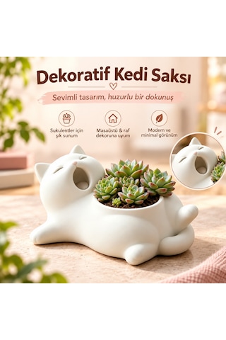 Dekoratif Kedi Saksı Sevimli Sukulent Ve Kaktüs Saksısı 111x138x55 Mm