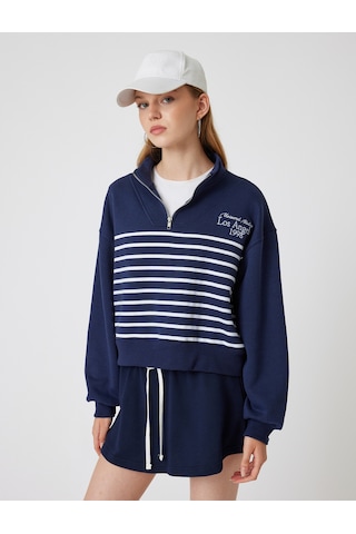 Koton Yarım Fermuarlı Sweatshirt Oversize Kolej Baskılı Dik Yaka Lacivert 5wal10210ık Lacivert