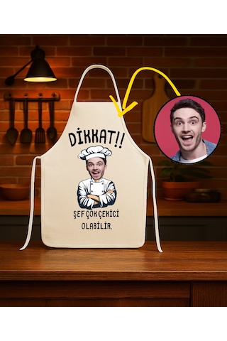 Kişiye Özel Karikatür Fotoğraflı Mutfak Önlüğü Dikkat Şef Çok Çekici Önlük Çok Renkli