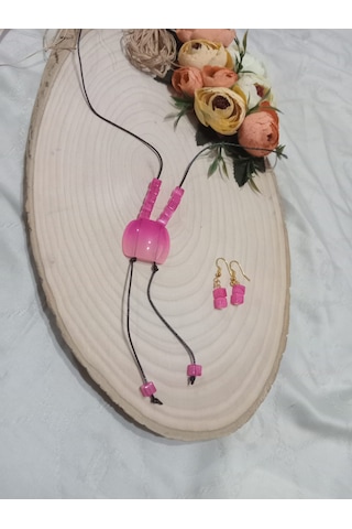 Deri İpe Yapılmış Pembe Uçlu Modern Y Kolye Ve Küpe Takımı Pembe