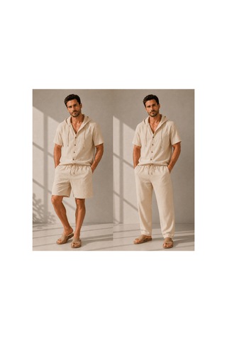 Erkek Müslin Kapşonlu 3'set Gömlek-şort-pantalon Bej