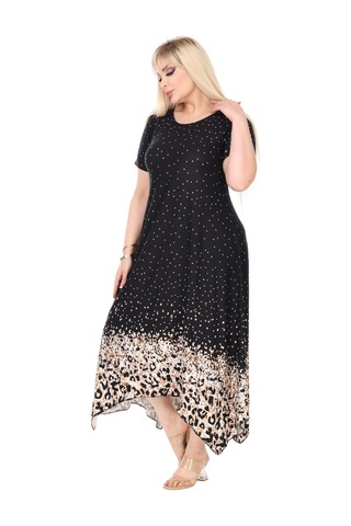 Melsay Butik Siyah Puanlı Eteği Leopar Desen Asimetrik Kısa Kollu Elbise Siyah