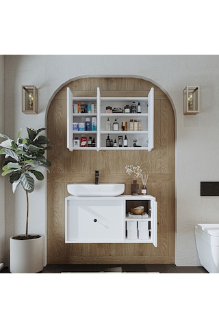 Oval Lavabolu Mat Mdf 90 Cm Alt Banyo Dolabı + Aynalı Dlp Beyaz Mat Beyaz