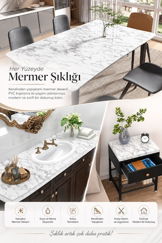 Deconitte Kendinden Yapışkanlı Beyaz Mermer Desenli Pvc Kaplama Folyo Tezgah Masa Dolap 60x100cm