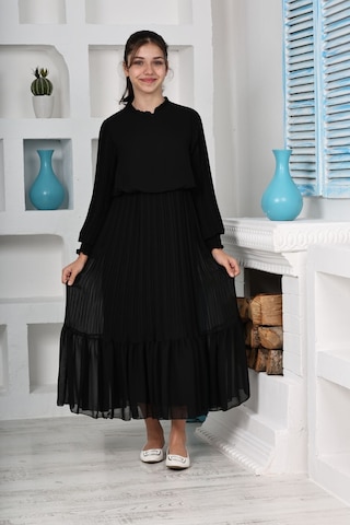 Kız Çocuk Uzun Boydan Pliseli Pamuklu Şifon Uzun Elbise Siyah