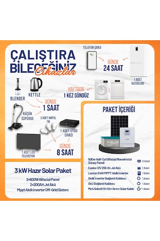 3 Kw Hazır Solar Paket 2x600w Bifacial Panel + 2x200ah Jel Akü + Mppt Akıllı Inverter Off-grid Güneş Enerji Sistemi
