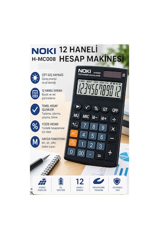 Hesap Makinesi Siyah 11x17 Cm 1 Adet Noki Mc008 12 Haneli Küçük Boy Masaüstü Hesap Makinası Kaliteli Ofis Büro
