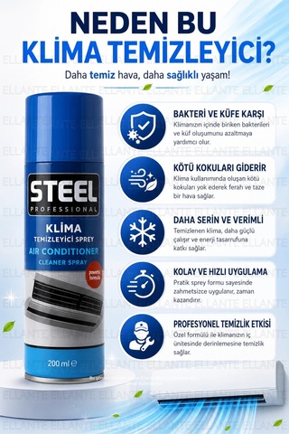 Steel Professional Klima Temizleyici Sprey 200 Ml Köpüklü Klima Temizlik Spreyi Ev, Araç Ve Spli