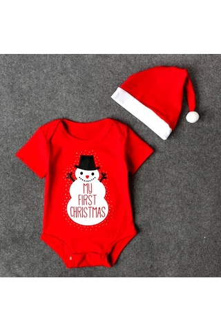 Yılbaşı Noel Christmas Temalı Organik Bebek Body Şapka Takımı 9-12 Aylık Kırmızı