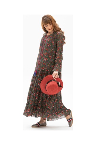 Uzun Kol Vual Gonca Uzun Elbise Tomurcuk Desen Yeşil 6170-yeşil