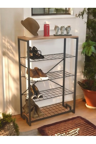5 Metal Raflı Ahşap Tablalı Dresuar Salon Sehpa Ve Ayakkabılık Siyah