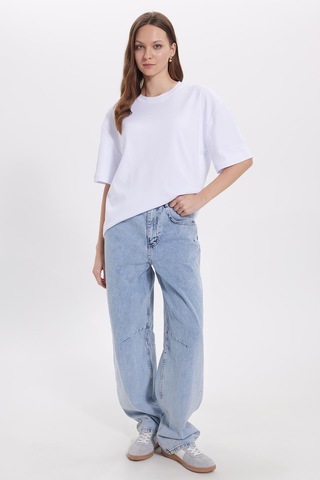 Tudors Kadın Oversize Geniş Kesim %100 Pamuk Yumuşak Dokulu Basic Bisiklet Yaka Beyaz Tişört-37817 Beyaz