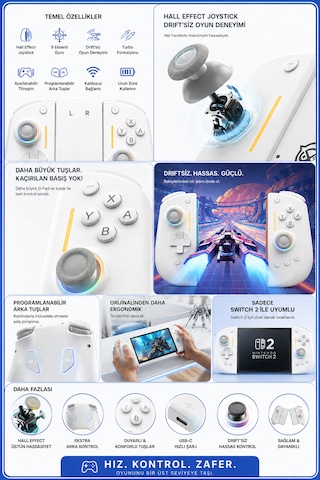 Nyxi Hyperion 3 Beyaz Joypad Switch 2 Hall Effect Drift Yapmayan Joystick Kablosuz Oyun Kolu Joy-con