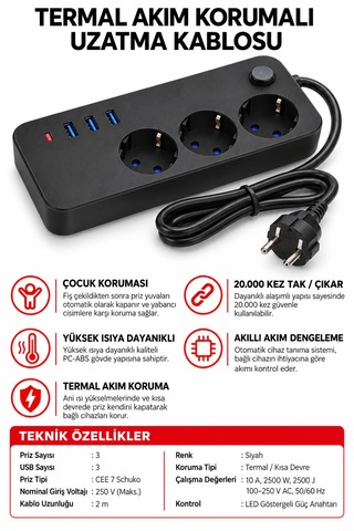 Termal Akım Korumalı Uzatma Kablosu 2 Metre Kablolu 3 Lü Priz 3 Usb Giriş 2.1 A Isıya Dayanıklı Çocuk Koruması 2500watt Ev Ofis