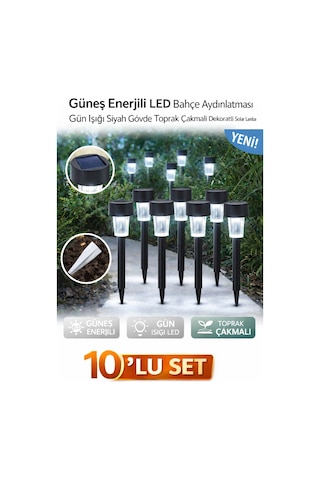 10 Lu Set Güneş Enerjili Led Bahçe Aydınlatması, Gün Işığı Renk, Siyah Gövde, Toprak Çakmalı