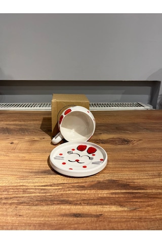 Kedi Desenli Tabaklı Seramik Kupa, Mug, Double T. Kahvesi Filtre