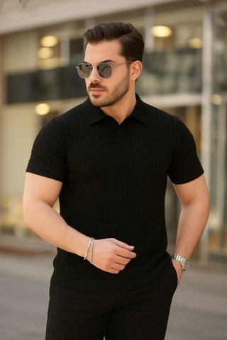 Veraura Lifestyle Erkek Kısa Kollu Yakalı Çizgi Desenli Triko Bluz Siyah