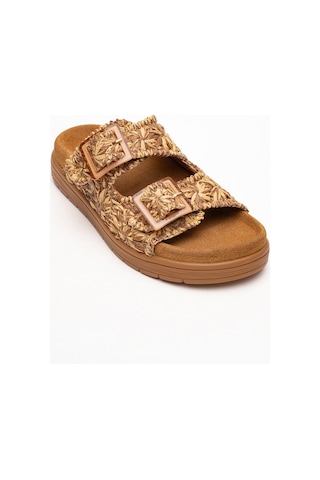 Luvishoes Luvi Shoes Mılana Taba Desenli Hakiki Deri Tokalı Çift Bantlı Kadın Terlik Taba
